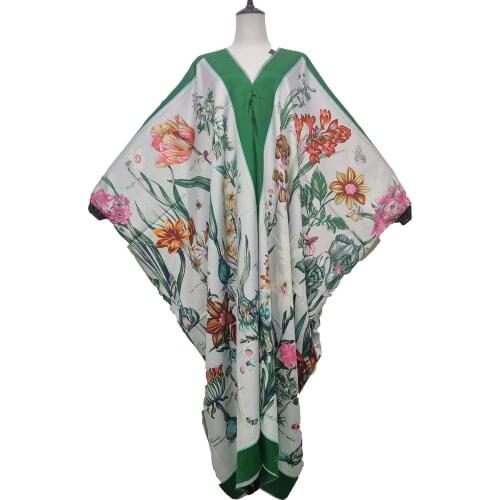 Thailand 2021 Sexy V-Neck Printed Silk kaftan Maxi Dresses For Lady Dashiki African Muslim Women Abaya Long Dress