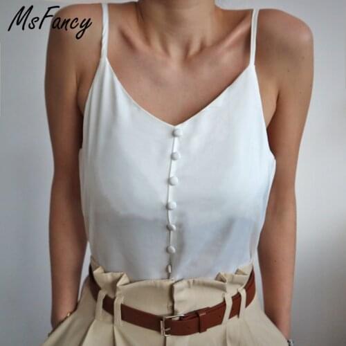 Msfancy Summer Crop Tops Women 2021 Satin Sleeveless Casual Camisole Mujer V-neck Button White Top
