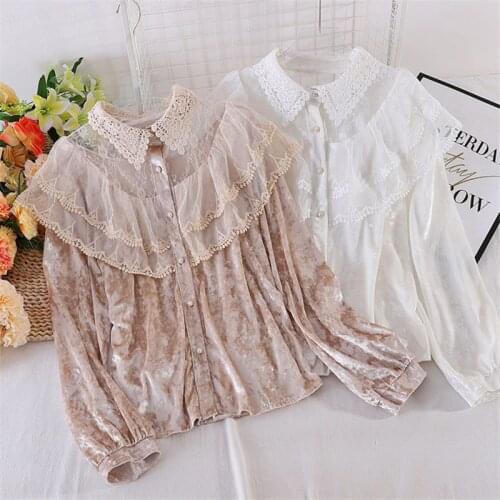 Spring Autumn Women Long Sleeve Lace Blouse Sweet Mesh Patchwork Velvet Shirt Female Hollow Out Ruffles Blouses Short Tops A2034