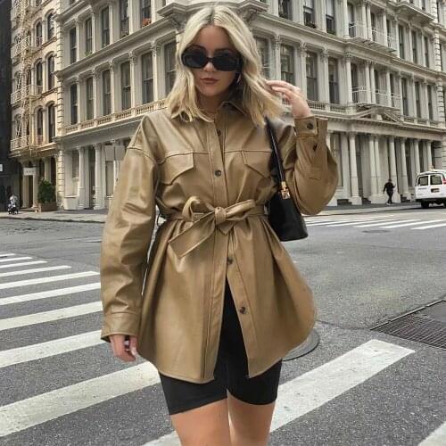 New Pop Fall Winter Women Jacket Long Sleeves Belted Warm Casual Vogue High Street Faux leather Women Coat Outfits Tops