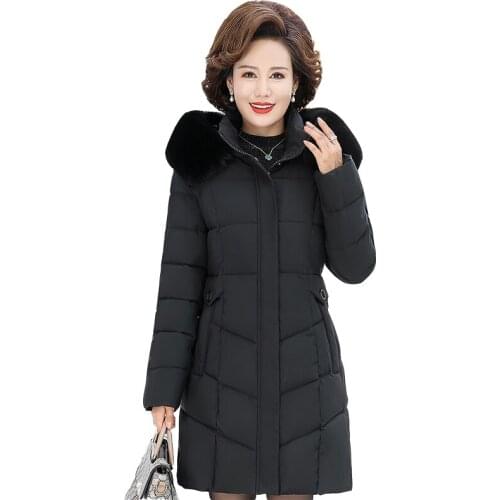 Down Padded Jacket Female With Thick Medium Long Big Fur Collar Mother Top Plus Size Hooded Warm Jacket Overcome Women