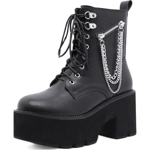 High Quality PU Leather Gothic Black Boots Women Heel Sexy Chain Chunky Heel Platform Boots Female Punk Style Ankle Boots Zipper