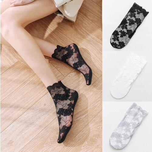 1 Pair Women Sock Summer Lace Crystal Glass Silk Socks Short Thin Transparent Jacquard Elastic Ultrathin Socks Female