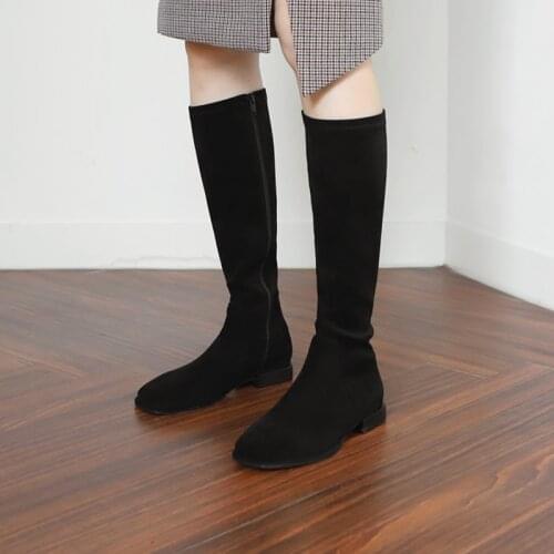 2020 Winter Womens High Boots Fall/winter Square Head Thick Heel Womens Shoes Stretch Leather Boots Size 33-42