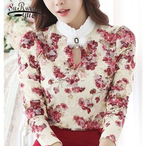 2020 Casual Autumn Winter High Collar Crochet Lace Floral Blouses Women Ladies' Tops Lace Women Blouses Long Sleeve Shirts 8833