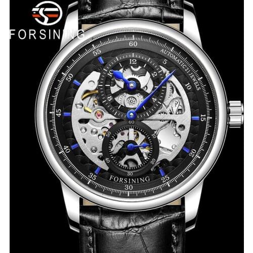 FORSINING Automatic Mechanical Men Wristwatch Sport Skeleton Male Clock Top Brand Luxury Black Genuine Leather Man Watch 8228