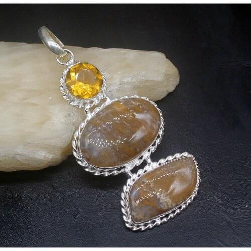 Gemstonefactory Jewelry Big Promotion 925 Silver Natural Ocean Jasper Citrine Unique Women Ladies Gifts Necklace Pendant 0914