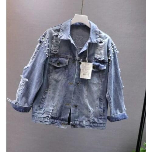 New Korean Fashion Beading Frayed Hole Denim Jacket Women Long Sleeve Jeans Coat Female Brand High Quality Streetwear Jackets