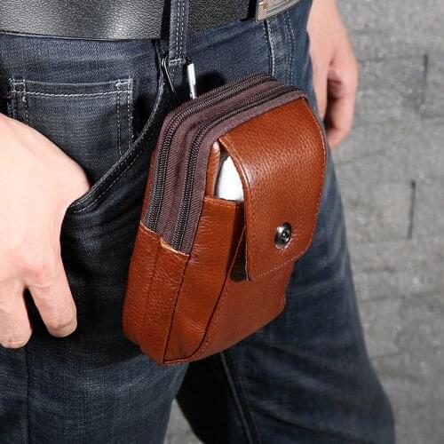 Multifunctional 7 Inch Soil Color Brown Leather Zipper Three Layer Belt Mobile Phone Waist Bag New Vertical Manufacturer
