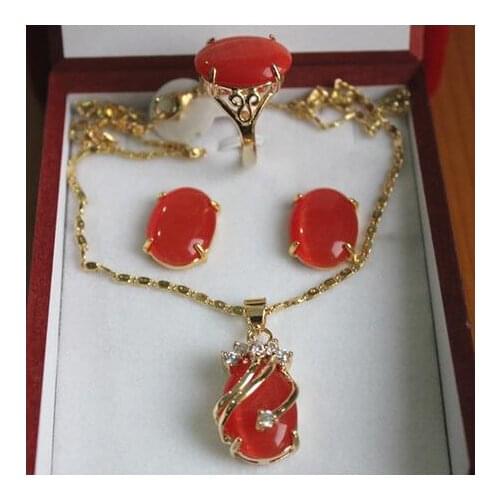 Beautiful 13*18mm GP red opal ring, earring &pendant fashion jewelry set