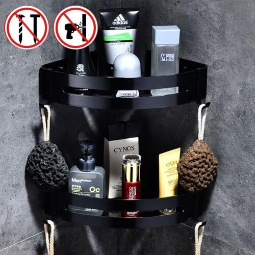 No Punch-Free Wall Mounted Bathroom Shelf Organizer Shower Storage Rack Black Corner Shelves Aluminum Holder полка для ванной