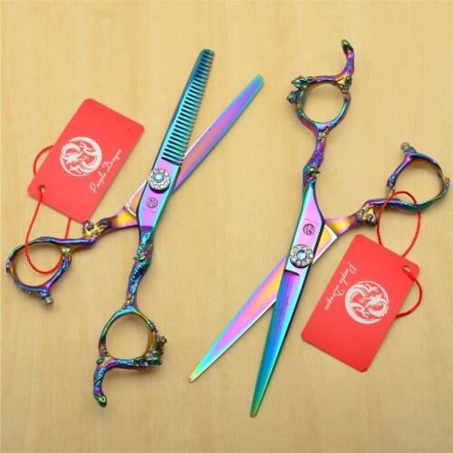 2Pcs 6.0'' Purple 440C Professional Human Hair Scissors Hairdressing Shears Cutting Shears Thinning Scissors Dragon Handle Z9003