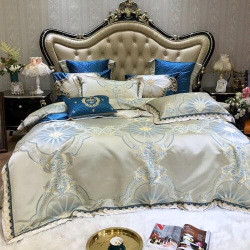 European Style Luxury Bedding Set Jacquard Long Stapled Cotton Plain Embroidery Quilt Cover Sheet King Queen 4/6/8/10 PCS