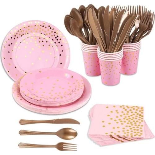 Pink Gold Dot Baby Girl Party Disposable Tableware paper Cup Plate 1st Birthday Party Decor Kids Baby Shower Party decor Supplie