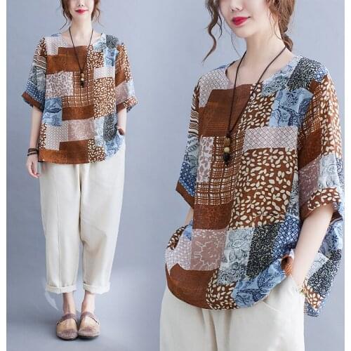 Hand-painted Women Casual Long Sleeve Cotton Linen Loose Shirt Summer O Neck Geometric Pattern T-Shirt Oversized Tops Plus Size