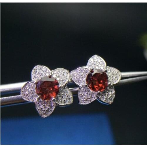 Natural Flower Garnet earring Free shipping Natural real garnet 925 sterling silver earrings 5*5mm