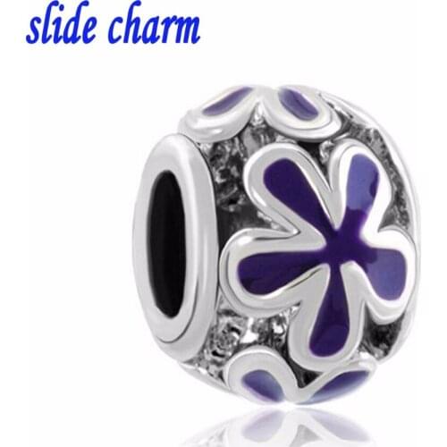 Slide charm Free shipping Luxury brand purple enamel flower charm beads fit Pandora bracelet Mother Christmas Valentine