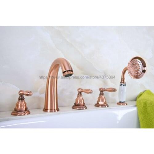 Widespread Antique Red Copper 5 Holes 3 Handles Bathroom Tub Faucet W/ Hand Shower Mixer Tap Ntf236