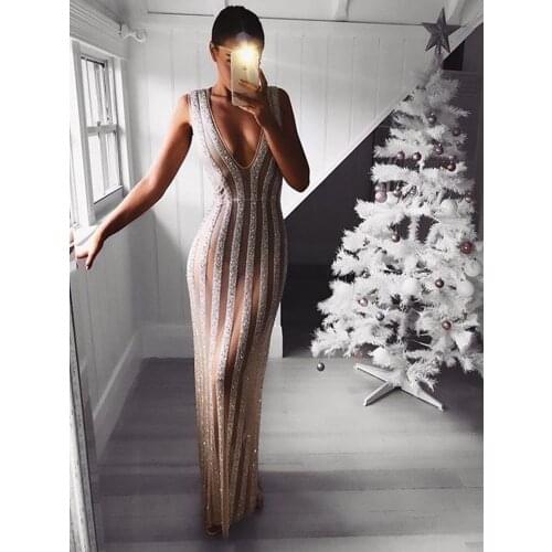 BKLD 2019 Summer Maxi Long Dress Sleeveless Deep V Neck Dress Sequined Striped See-through Evening Party Sexy Bodycon Dress