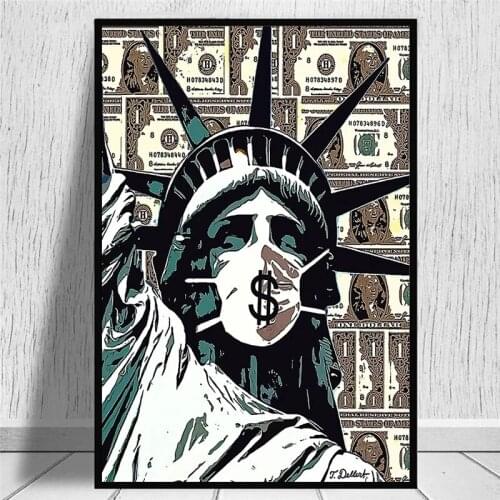 Funny Wall Art Prints Statue of Liberty Wearing A Mask Wall Canvas Paintings for Home Design Frameless Modern Abstract Poster