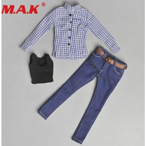 1:6 scale female clothes suit womens blue plaid shirt&jeans&vest denim clothing sets for 12 ''lady girl action figure body