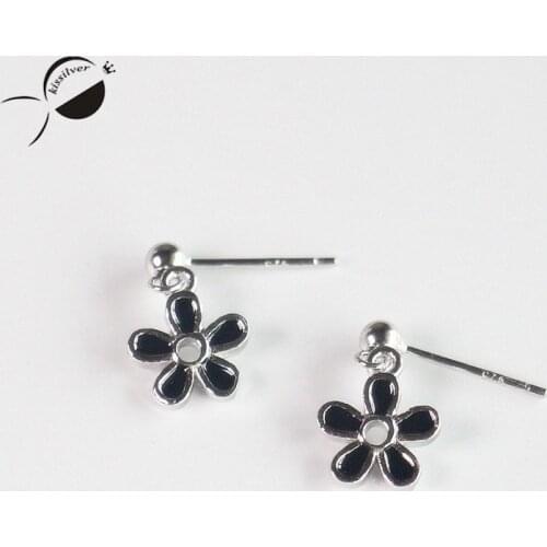 Real 925 Sterling Silver Women Drop Earrings Female 2018 New Cute Earrings Black Flower Fine Jewelry Drop Earrings for Women