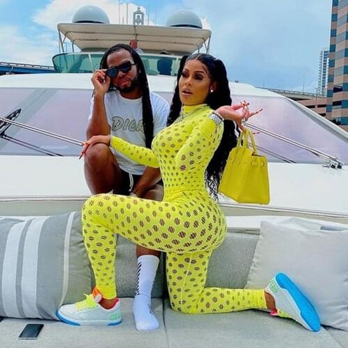 Hollow Out Jumpsuits Women 2020 Turtleneck Sexy Net Plaid Hole Skinny Elastic Club Streetwear Solid Rompers Female Outfits