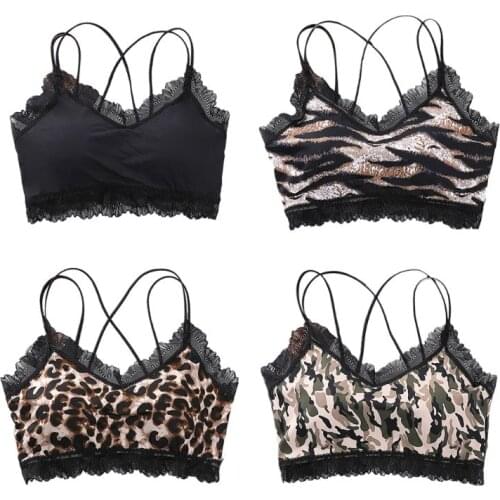 Women Sexy Leopard Camouflage Bralette Ruffles Lace Strappy Bandage Underwear Bra Push Up Padded Wireless Lingerie