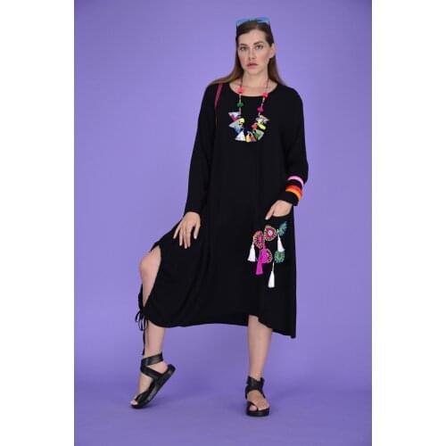 Pocket Hand Embroidered Detail Asymmetrical Cut Dress 2021 New Fashion Plus Size Womens Clothing 4 Different Color Options