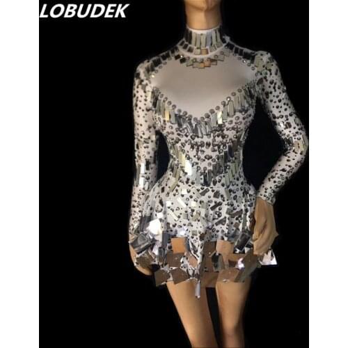 White skin black Sequins bright mirrors stones Dress sexy Nightclub crystals costumes female singer prom Party performance