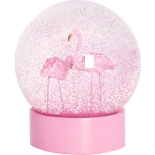 Flamingo Glitter Clear Glass Snow Globe Crystal Ball with Pink Base Women Gifts