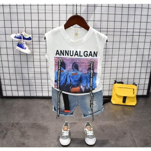 New Infant Boys Summer Letter Printing T Shirt + Denim Shorts Clothes 2pcs Sets Children Kids Hole Jeans Clothing 2-6years