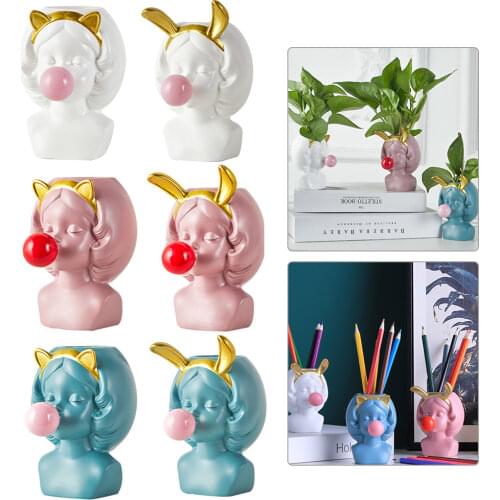 Kawaii Cute Girl Blowing Bubbles Succulent Flower Pot Rabbit Ears for Home Garden Desktop Pen Holder Makeup Brush Storage Decora