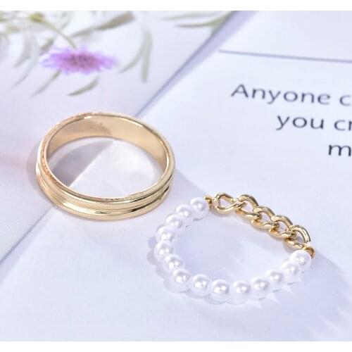 2 Piece Set New Minimalist Bead Simulated Pearl chain Geometric Rings Women Finger Jewelry Fashion Pearl Adjustable Elastic Ring