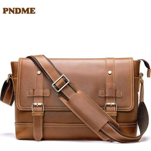 Retro casual natural genuine leather mens travel messenger bag crazy horse cowhide daily work brown 13 inch laptop shoulder bag