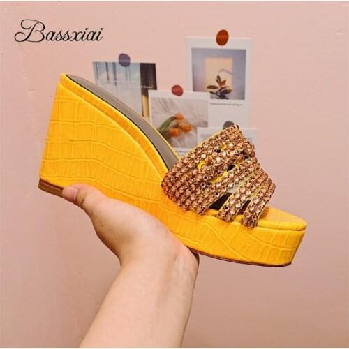Genuine Leather Wedges Lazyman Mules Lady Sexy Open Toe Crystal Rhinestone High Plarform Slingbacks Summer Sandals Women