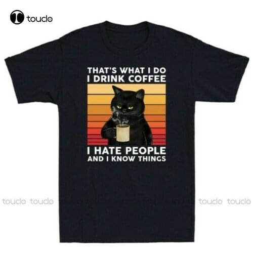 New Black Cat Drink Coffee I Hate People Funny Vintage Gift T Shirt Cotton Tee Shirt athletic shirts for men Unisex