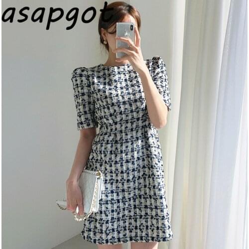 Asapgot Fashion Chic Autumn Lady Light Mature O Neck Waist Slim Puff Short Sleeve A-line Plaid Tweed Dress Women Mini Vestido