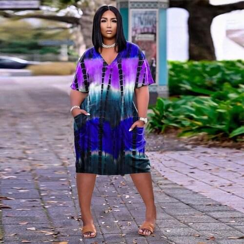 TNNAOFF Plus Size Tie Dye Loose Dress for Women Summer Vacation Outfits Sexy Short Sleeve Deep V Pocket Night Club Midi Dresses