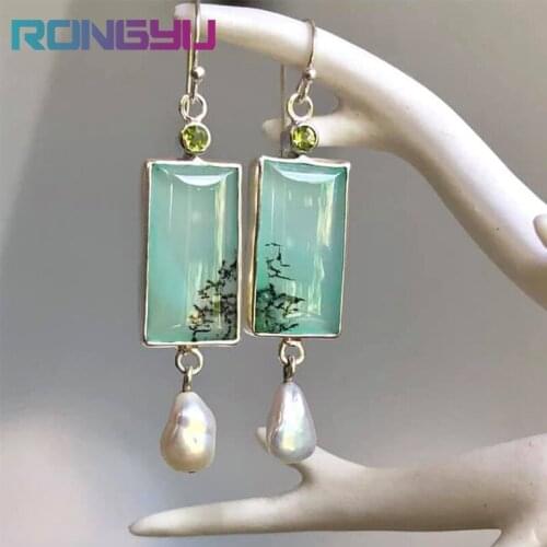 New Luxury Synthetic Green Opal Ink Painting and Pearl Drop Earrings Vintage for Women Korean Fashion Ear Hook Jewelry Wholesale