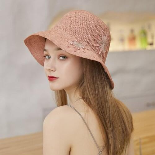 Sun Hat Girl Summer Raffia Simple Sunscreen Cap Ladies Shopping Outdoor Crochet Sun Protection Caps Artificial Pearl Hats H6570