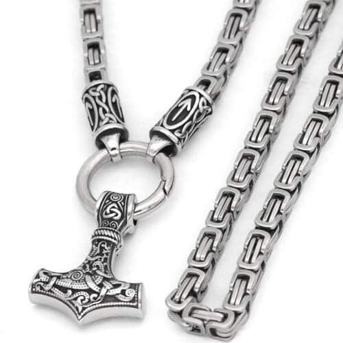 Nordic viking rune with thor hammer pendant necklace stainless steel -king chain with valknut gift bag