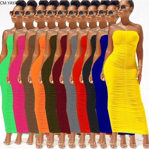 CM.YAYA Summer 2020 Women Solid Color Sexy Party Club Strapless Stacked Ruched Bodycon Midi Maxi Long Dress Outfits
