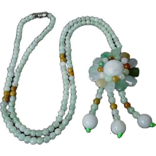 Myanmar A Goods Natural Jade Sweater Chain Hand-Woven Jade Jade Bead Necklace Jade Sun Flower Pendant