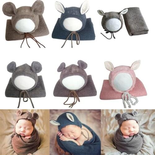 Newborn Knitted Stretch Wrap+Hat Set Crochet Blanket Bonnet Baby Photography Props Infants Photo Shooting Accessories