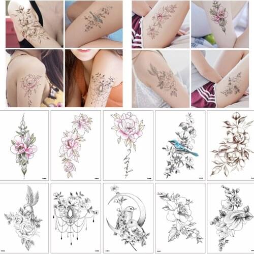 1PC Black Large Rose Peony Temporary Tattoos Waterproof 3D Flower Blossom Fake Tattoo Stickers For Women Girls Lady DIY Body Art
