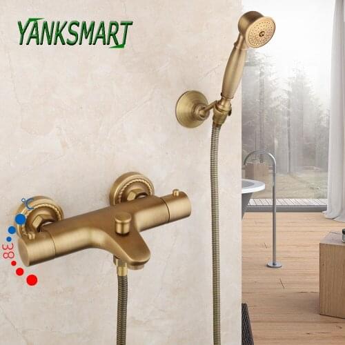 YANKSMART Antique Brass Thermostatic Bathroom Shower Faucet Set With Rainfall Hand Shower Held Bathtub Wall Mounted Mixer Tap
