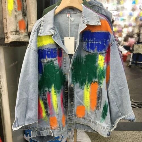 2021 Spring Autumn New Vintage Graffiti Painted Denim Jacket Womens Hole Distressed Loose Jean Tops Streetwear y998
