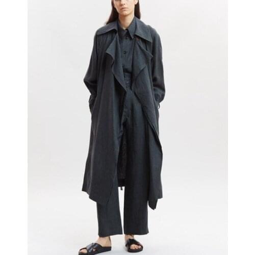 Europe And America Women Linen Windbreaker Single Breasted Loose Silhouette Casual Coat Long Coat Jackets Autumn And Winter 2021