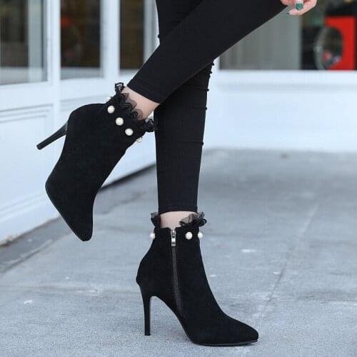 Women Pointed Toe Pearl Zip Ankle Boots Lace Pump Sexy Thin High Heels Female Autumn winter Ladies Flock Elegant Martin boots